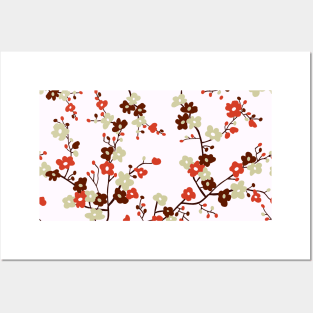 Branches of red small flowers in blossom pattern. Posters and Art